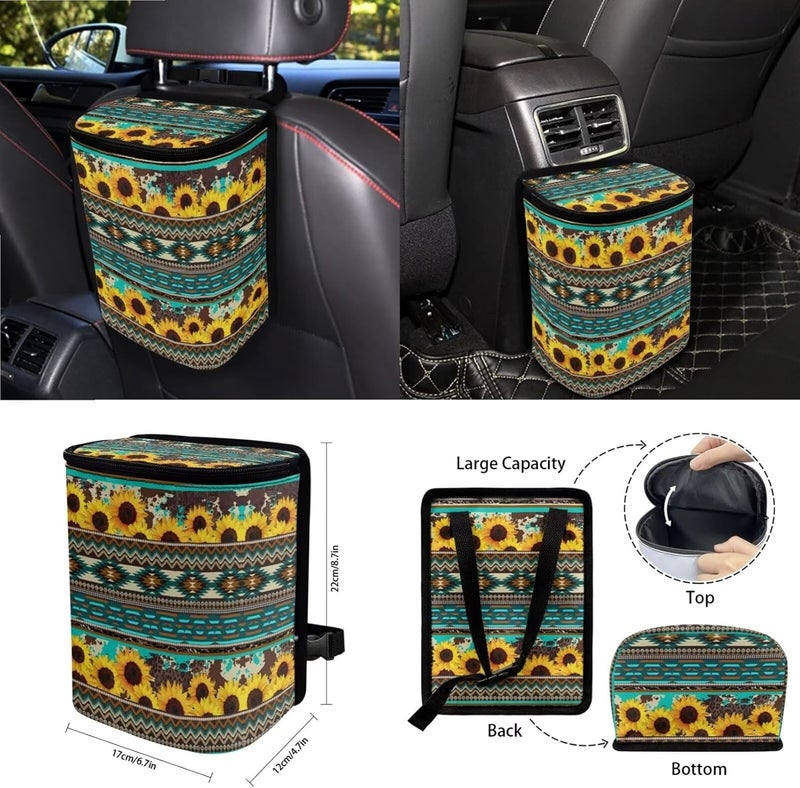Wanyint Aztec Sunflower Blue Car Seat Cover Set 15 PCS, with Steering Wheel Cover Seat Belt Cushion Pad Garbage Bag Air Vent Pocket Rearview Mirror Cover Coasters Keychain for SUV Trucks Vans Sedans - Image 4